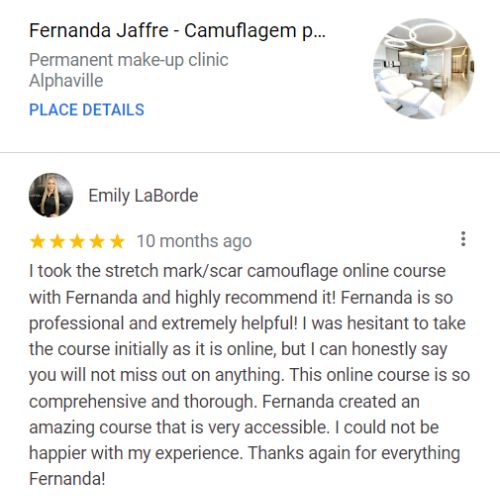 Google review by a scar camouflage tattoo training student